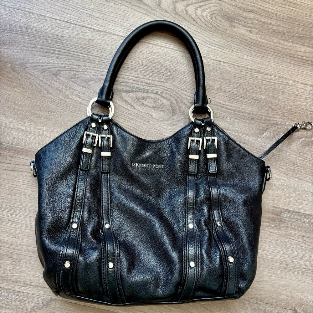 Michael Kors Black Leather Shoulder Bag with Silver Hardware